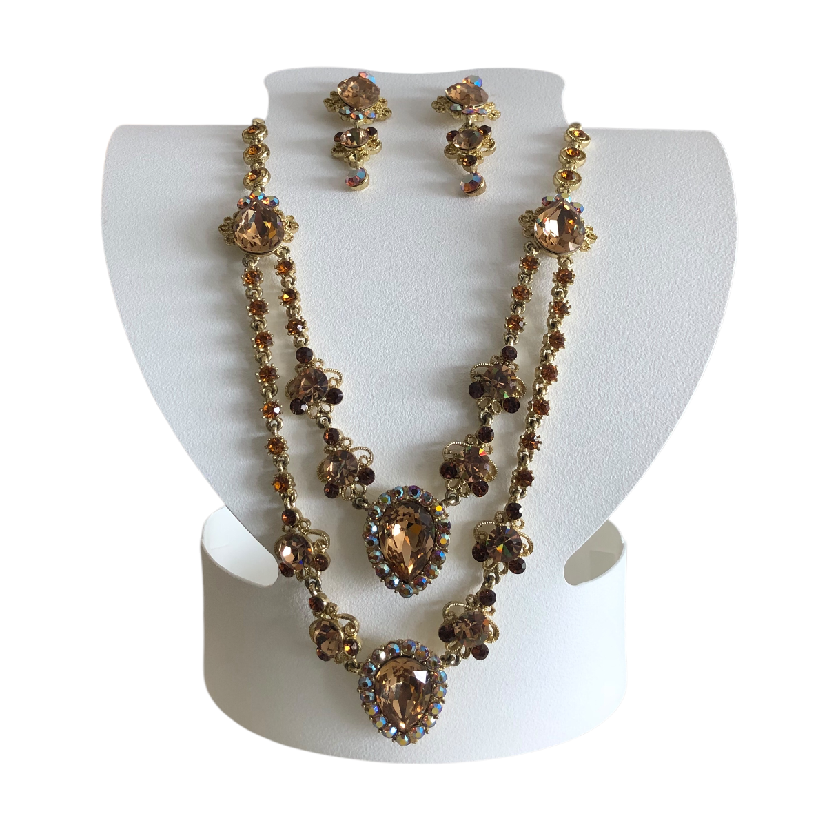 Collar Con Aretes Tonos Dorados Cristal Checo