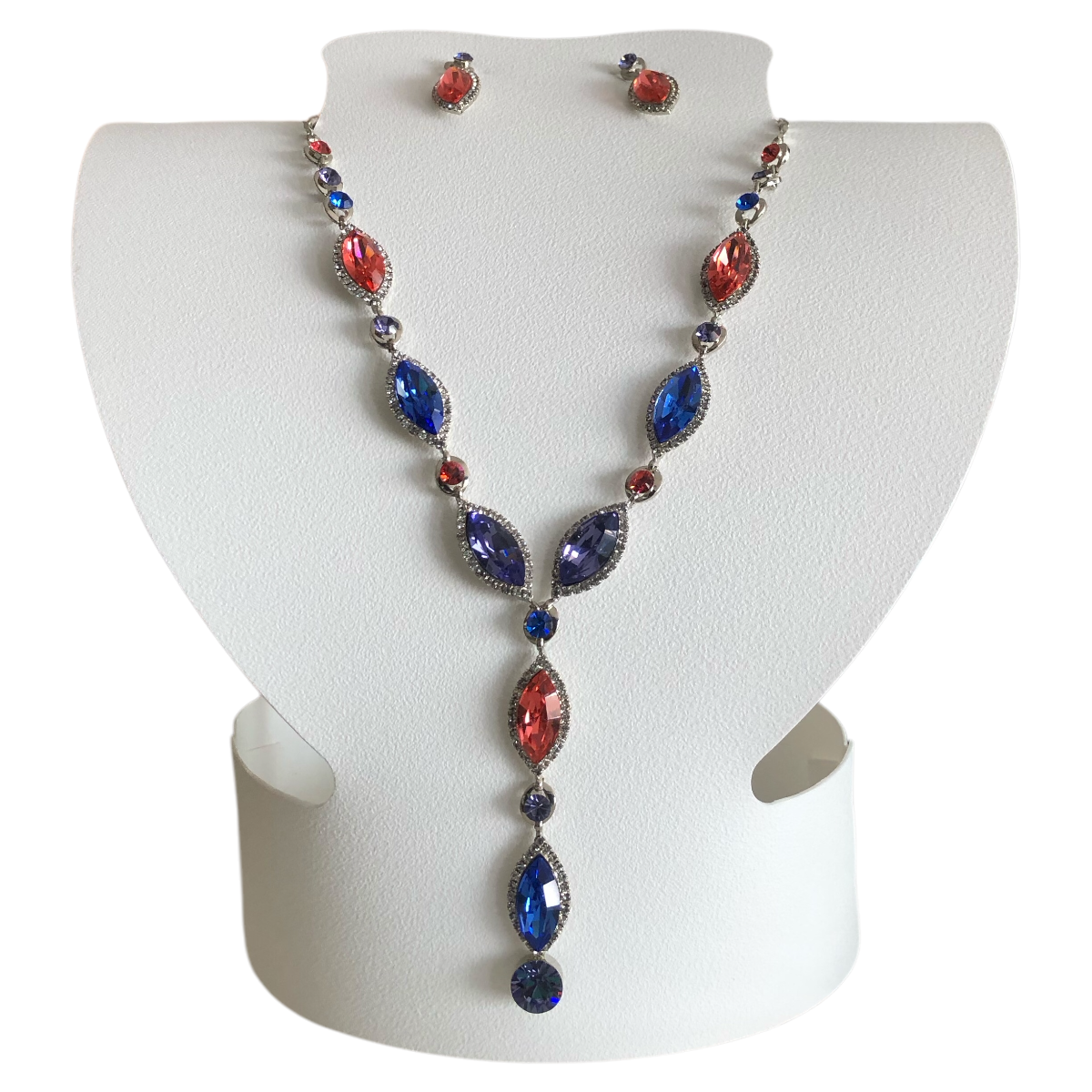 Collar Con Aretes Cristal Checo Rojo/Azul