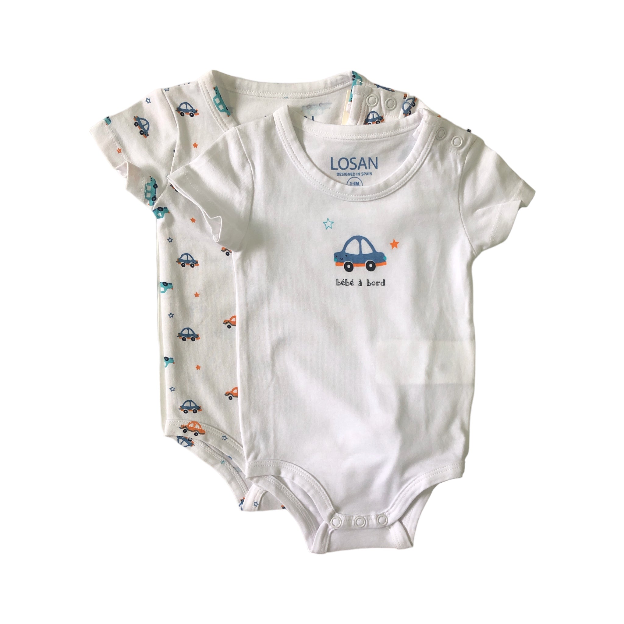 Bodys dos piezas Blanco para bebé niño carritos LOSAN