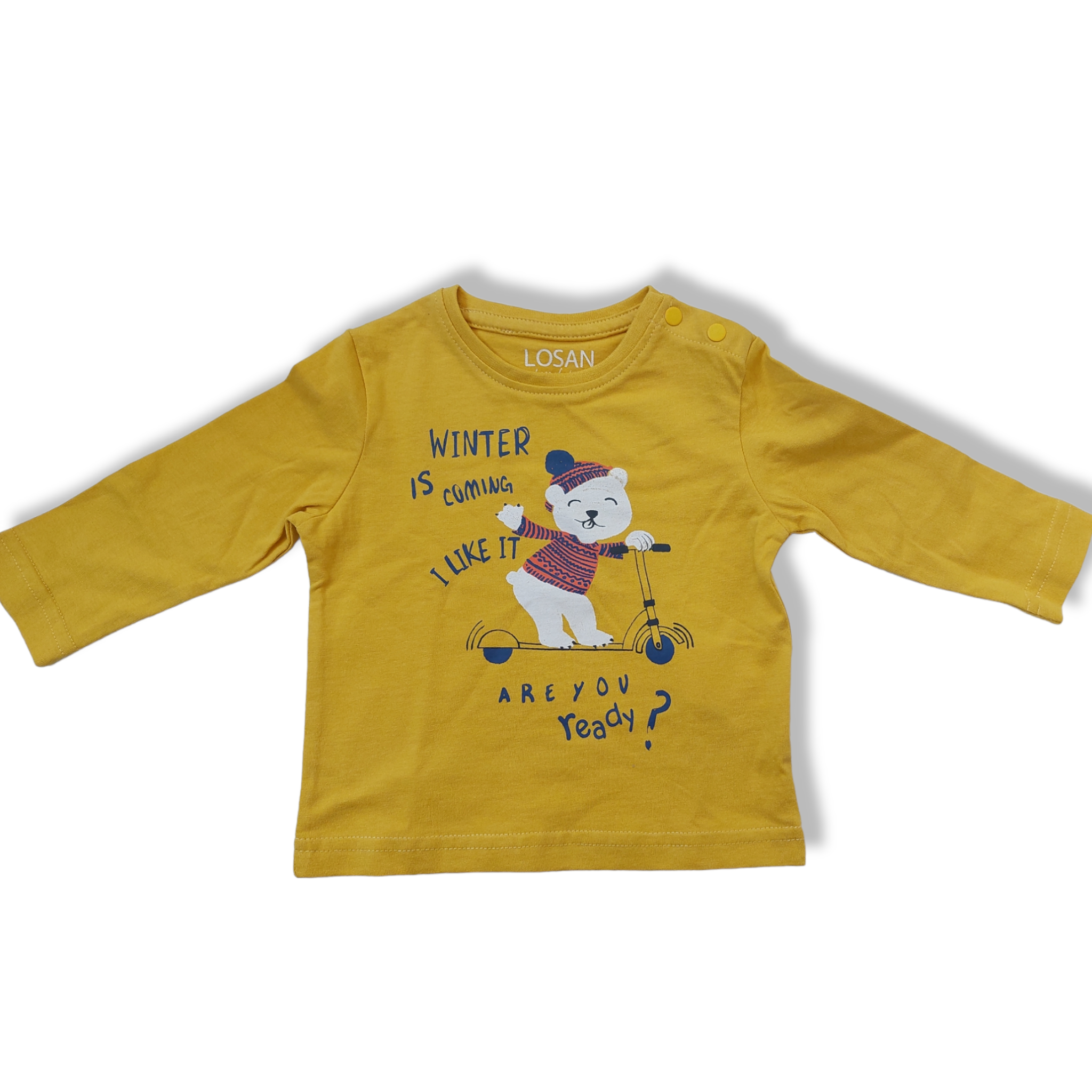 Playera amarilla oso “WINTER IS COMING I LIKE IT ARE YOU READY” bebé niño losan