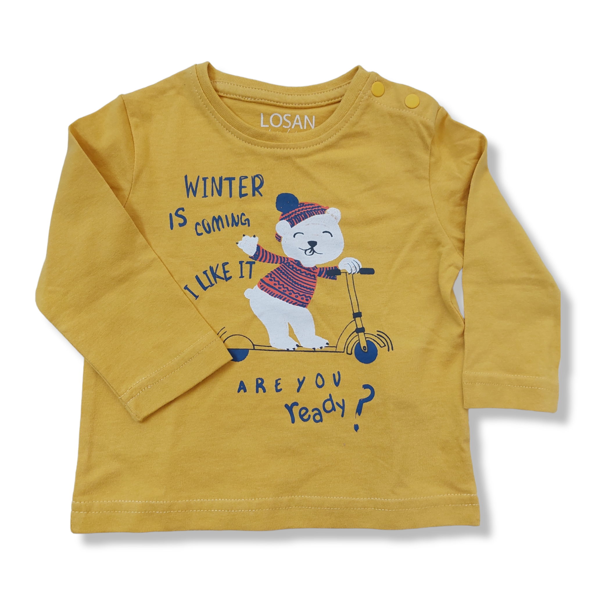 Playera amarilla oso “WINTER IS COMING I LIKE IT ARE YOU READY” bebé niño losan