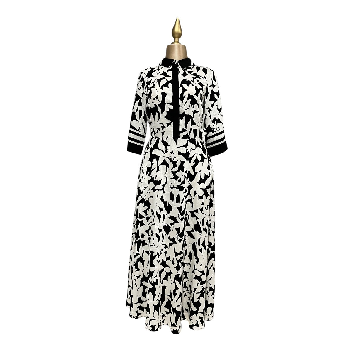 Vestido Estampado Negro/Hueso Con Cinturón MUSSI