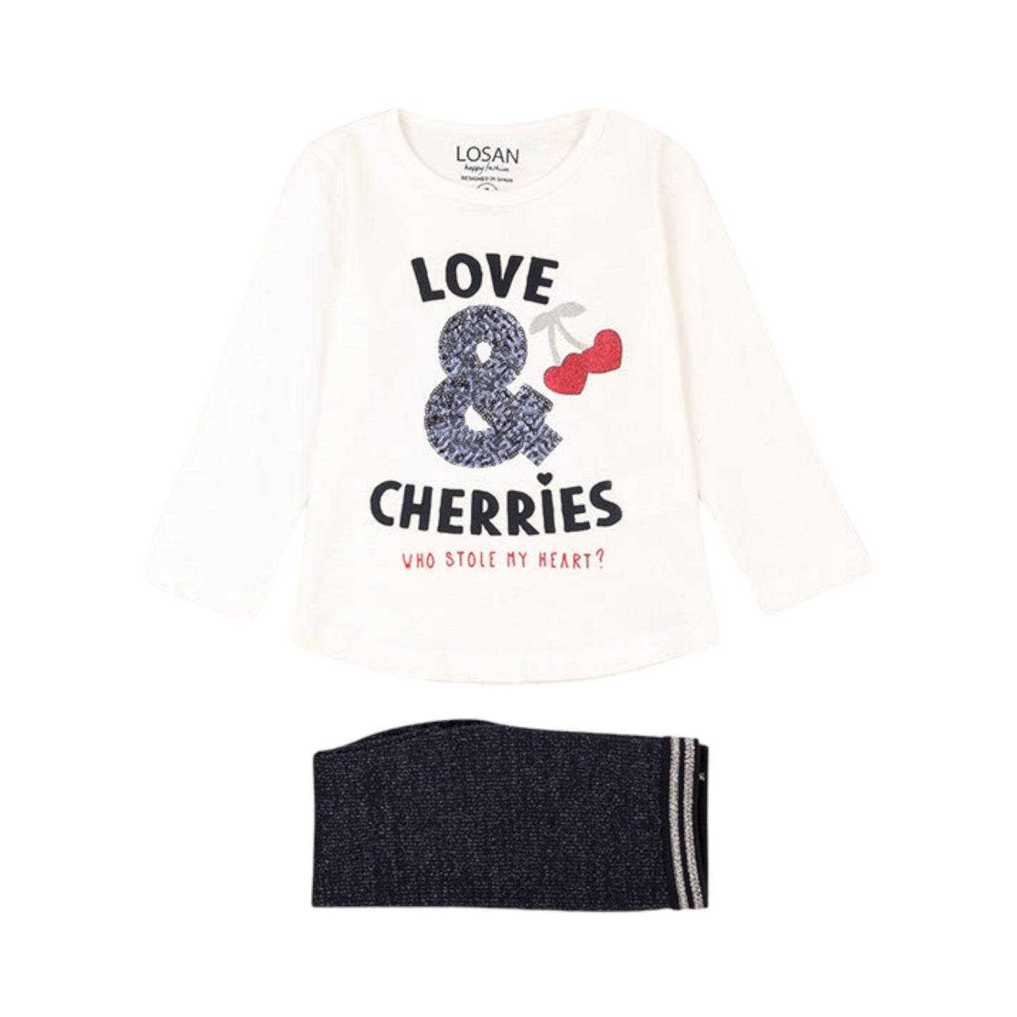 Conjunto de camiseta de color natural "LOVE CHERRIES" y legging niña Losan