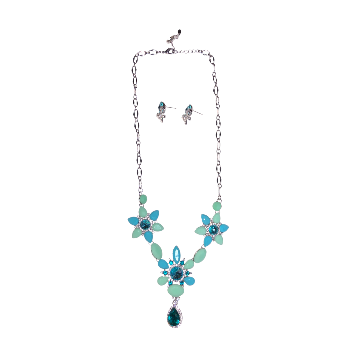 Juego de Collar Y Aretes Azul/ Menta Flores