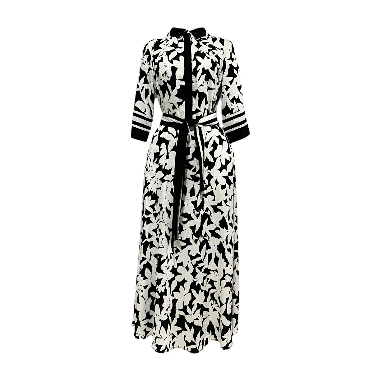 Vestido Estampado Negro/Hueso Con Cinturón