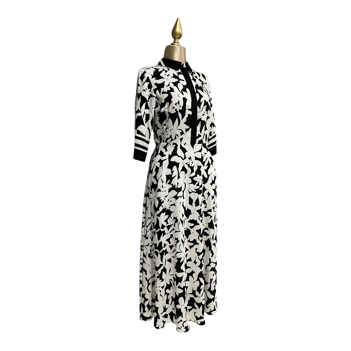 Vestido Estampado Negro/Hueso Con Cinturón