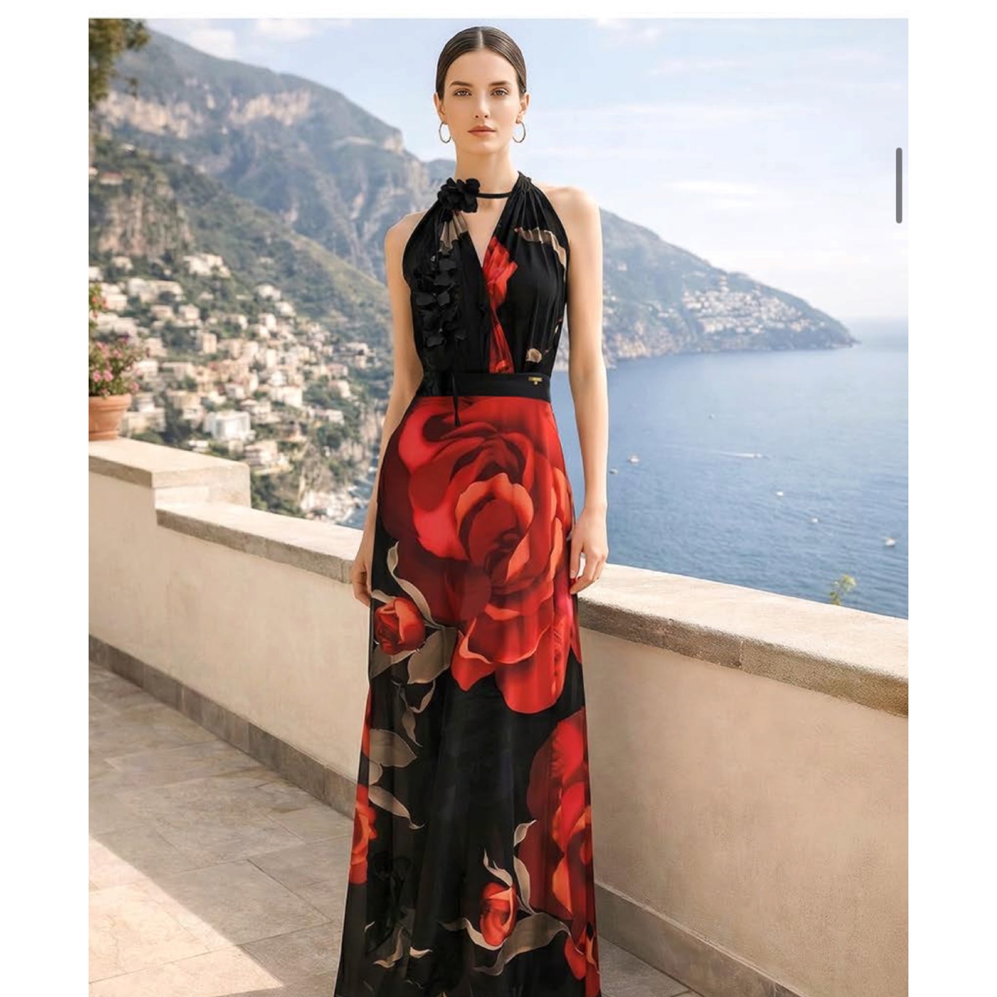 Vestido Negro/Rojo Estampado Floral Mussi