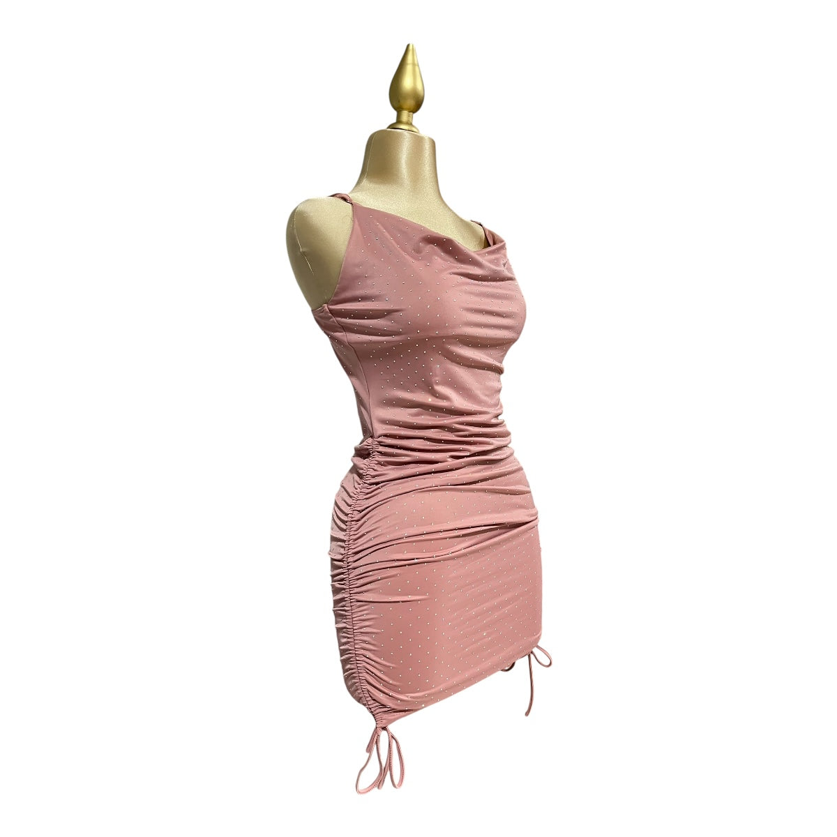 Vestido Cristales Pliegue Liso Color Rosa Palo Om