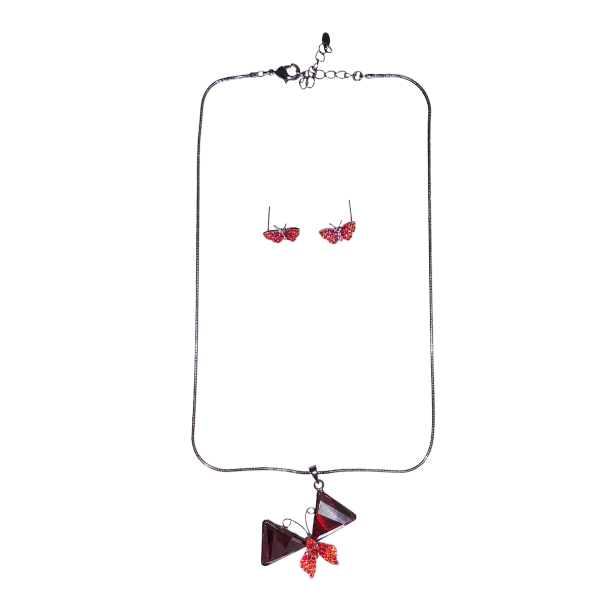 Juego De Cristal Checo Collar Y Aretes Mariposa Color Rojo