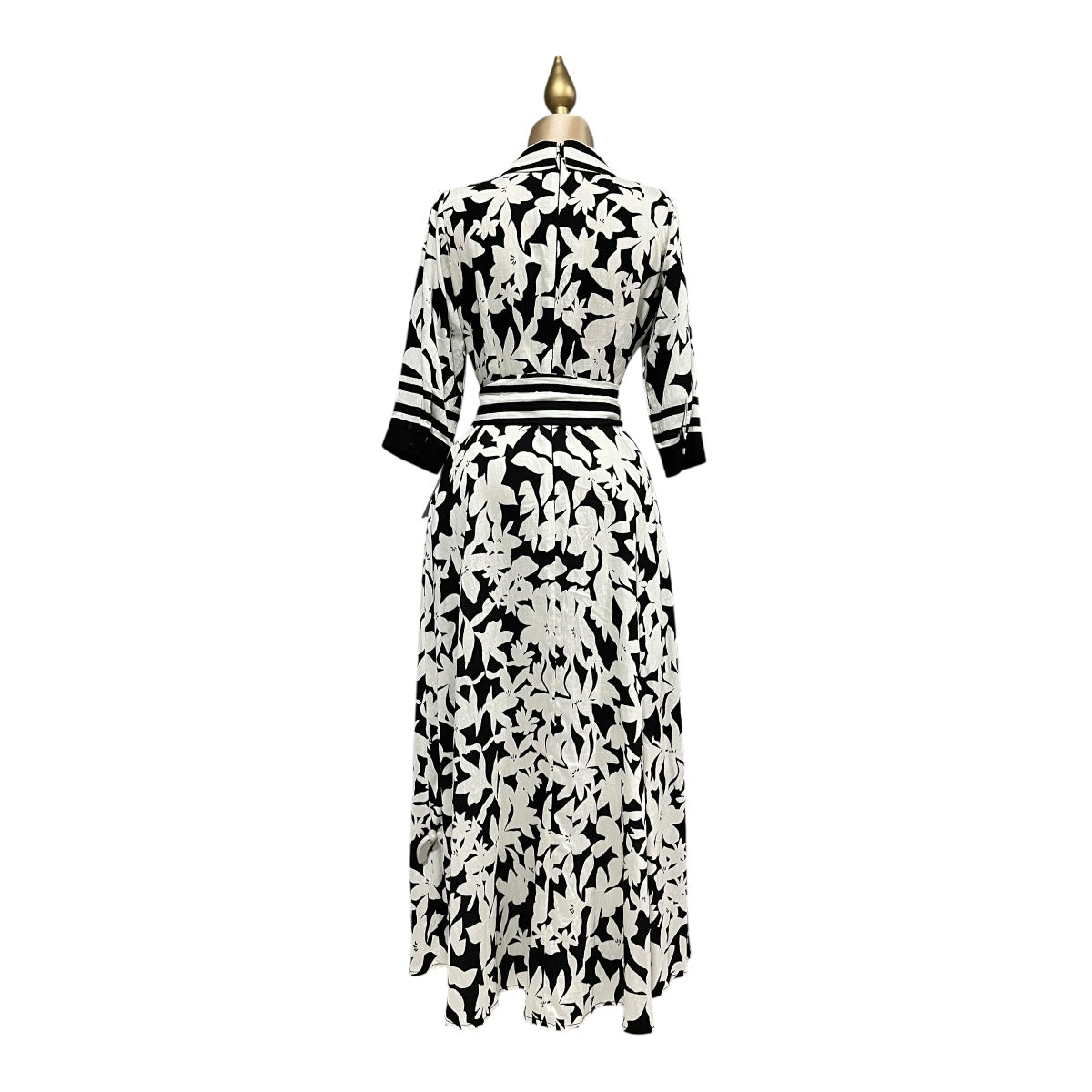 Vestido Estampado Negro/Hueso Con Cinturón