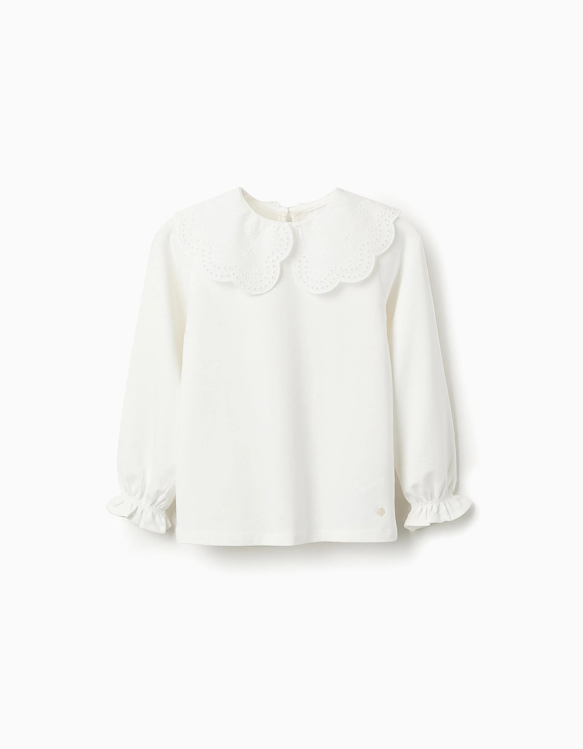 Playera de Manga Larga con Cuello de Bordado Inglés para Niña, Blanco ZIPPY