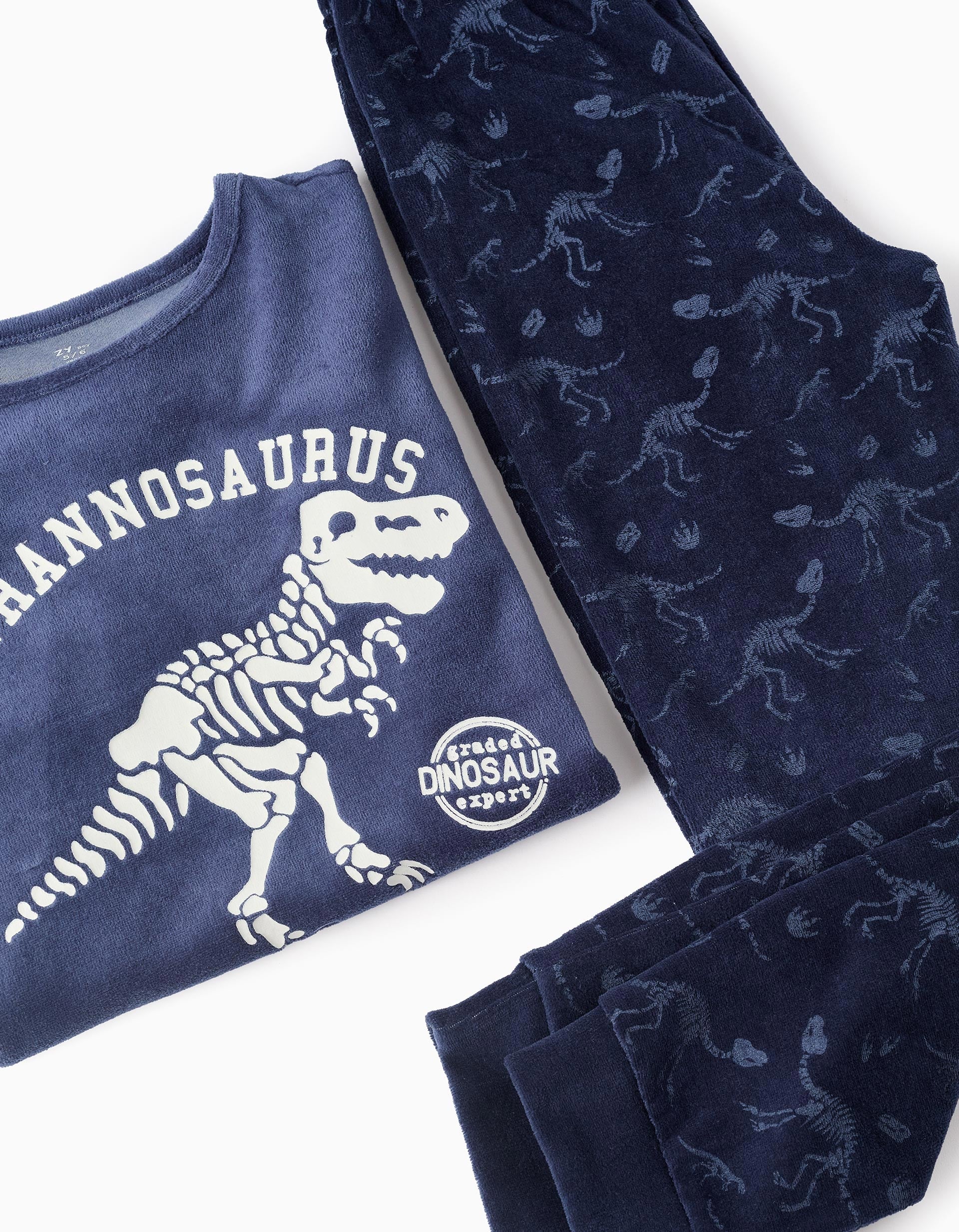 Pijama de Terciopelo Brilla en la Oscuridad para Niño Dinosaurios Azul ZIPPY