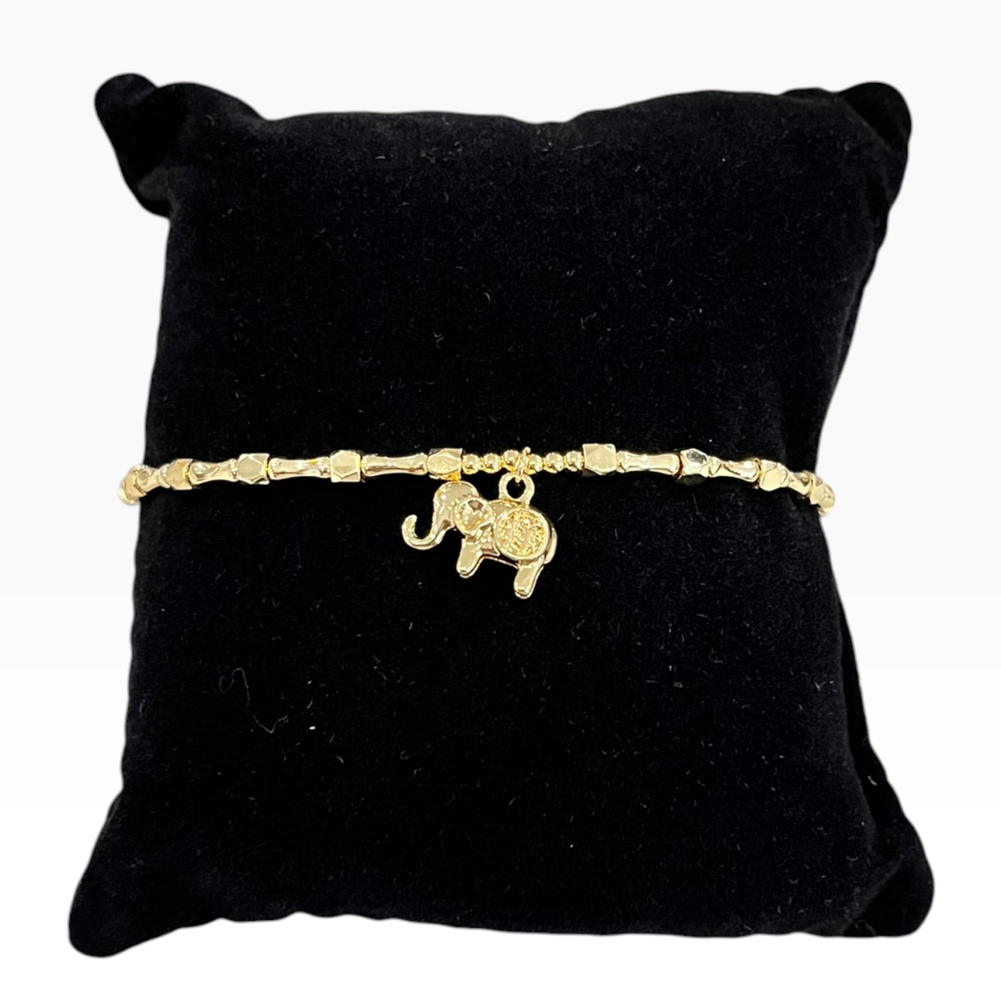 Pulsera En Oro Laminado Con Dije De Elefante De La Suerte Y Eslabones Tipo Bambú