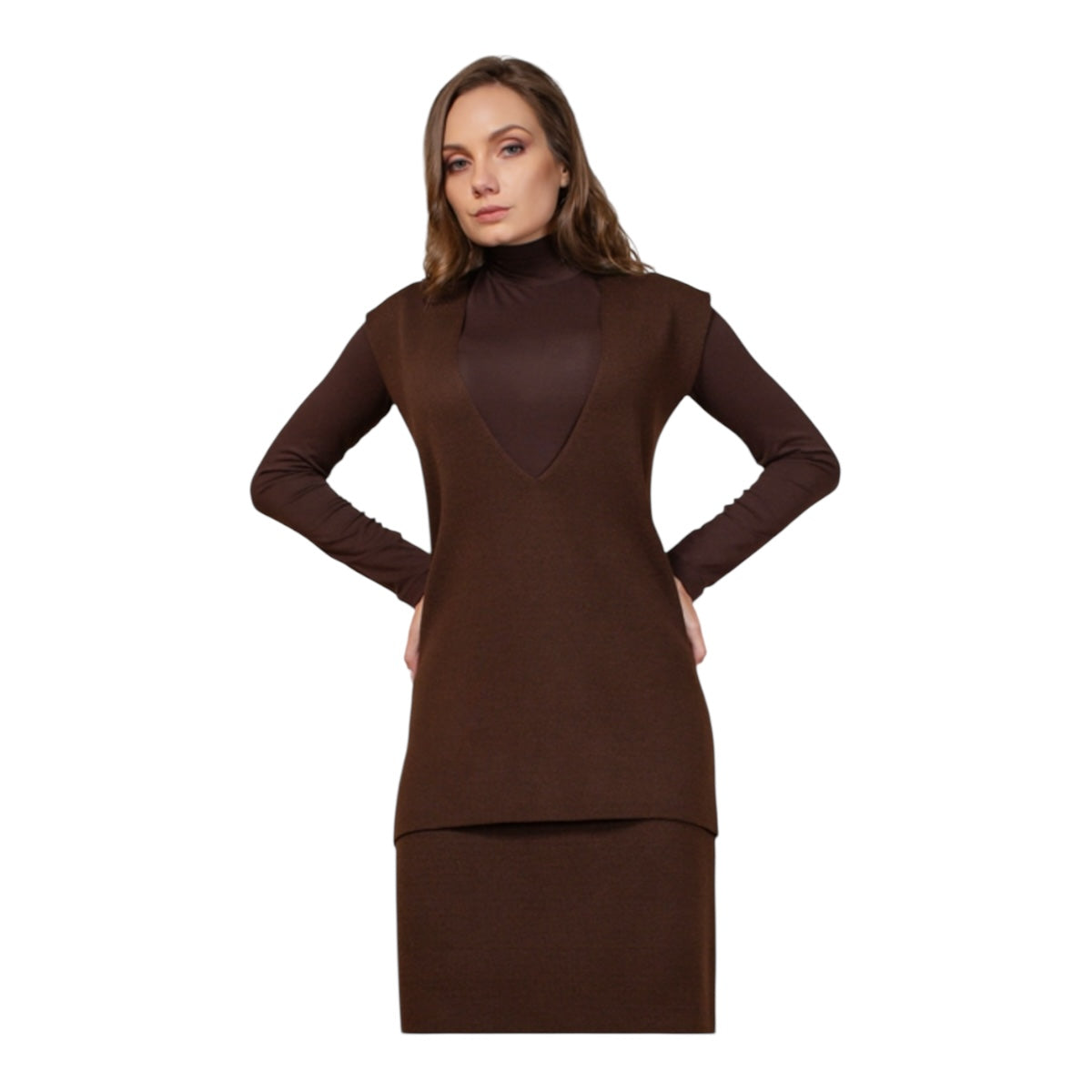 Conjunto De Suéter/Chaleco/Falda Café Para Dama MUSSI
