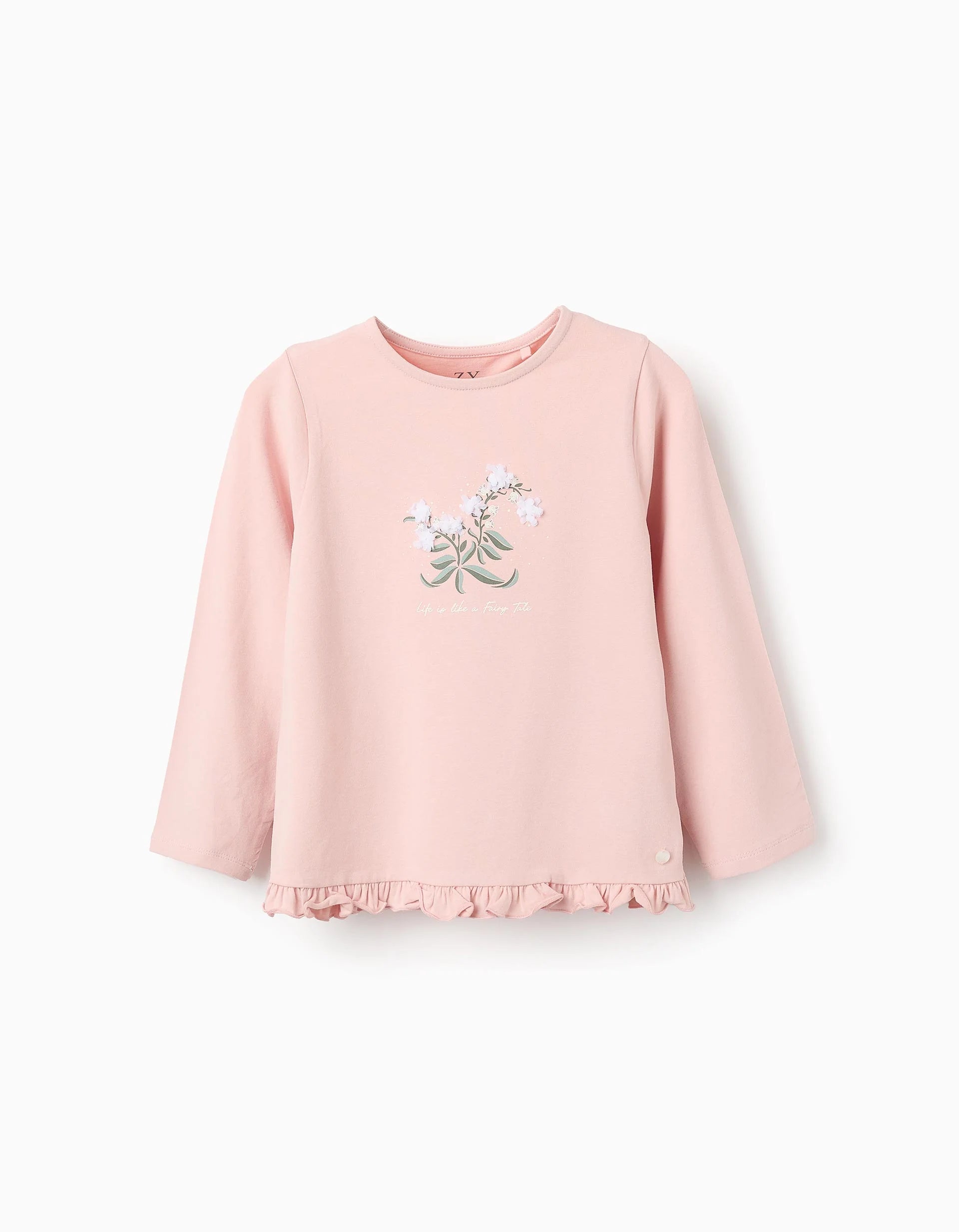 Playera de Manga Larga con Volantes y Flores en 3D para Niña, Rosa ZIPPY