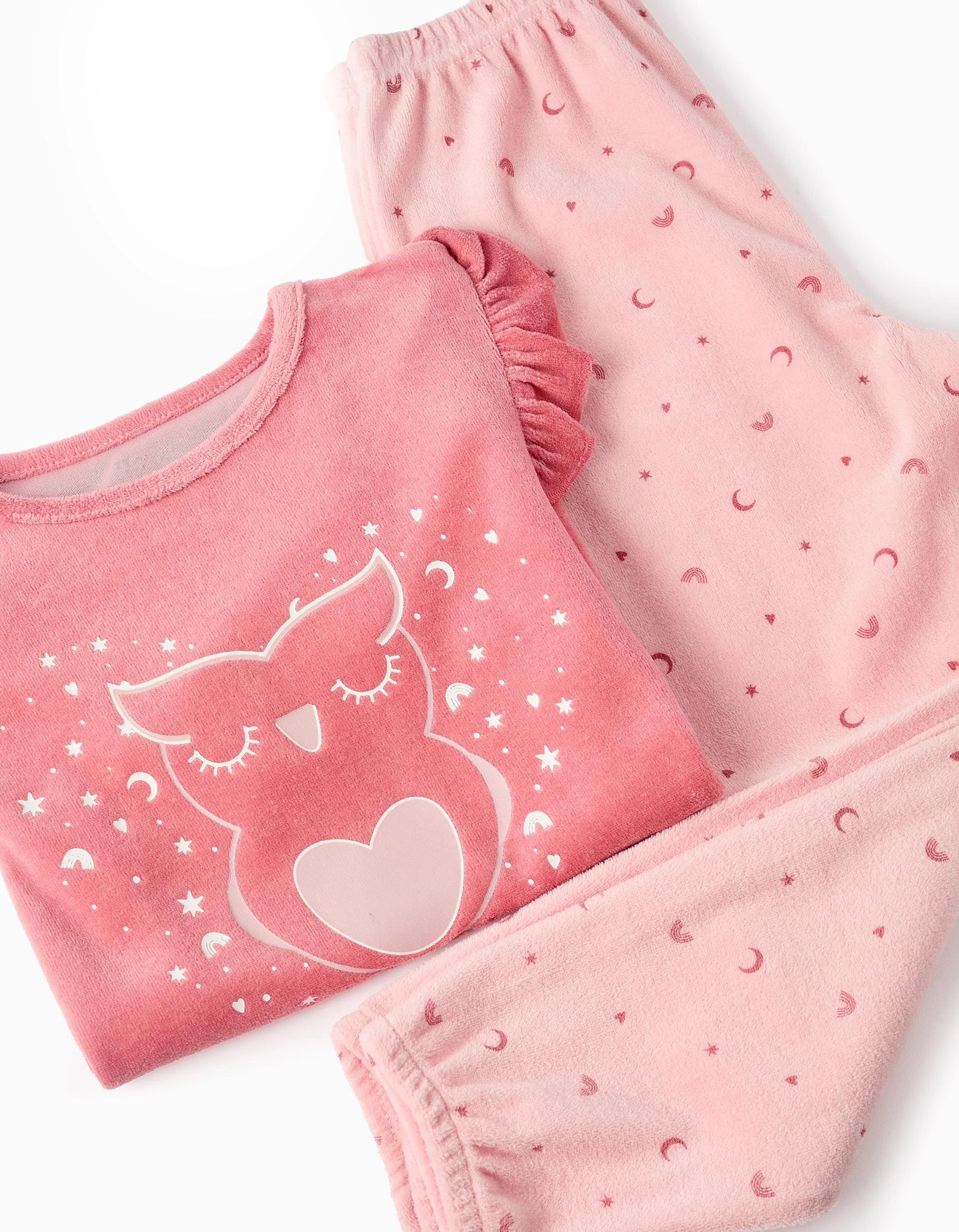 Pijama de Terciopelo Brilla en la Oscuridad para Niña Búho Rosa ZIPPY