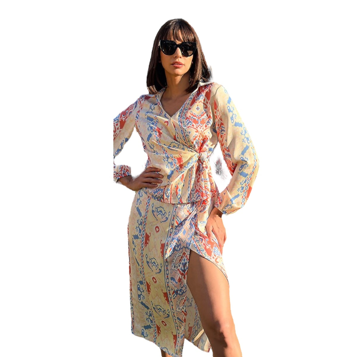 Conjunto Falda y Blusa Estampado Azul rojo