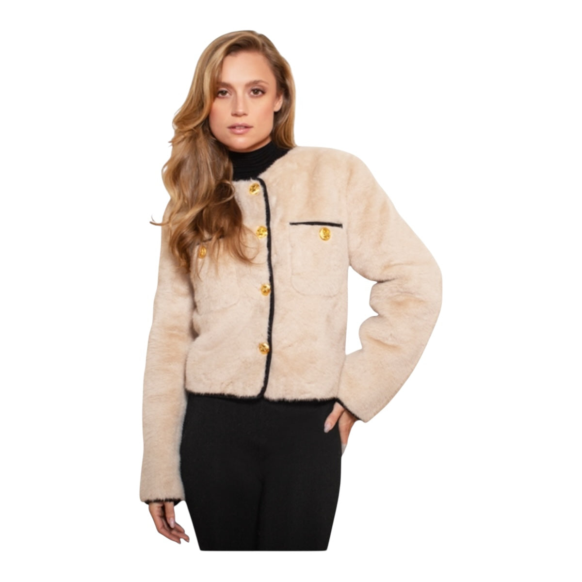 Saco Beige Peluche Botones Dorados Para Dama MUSSI
