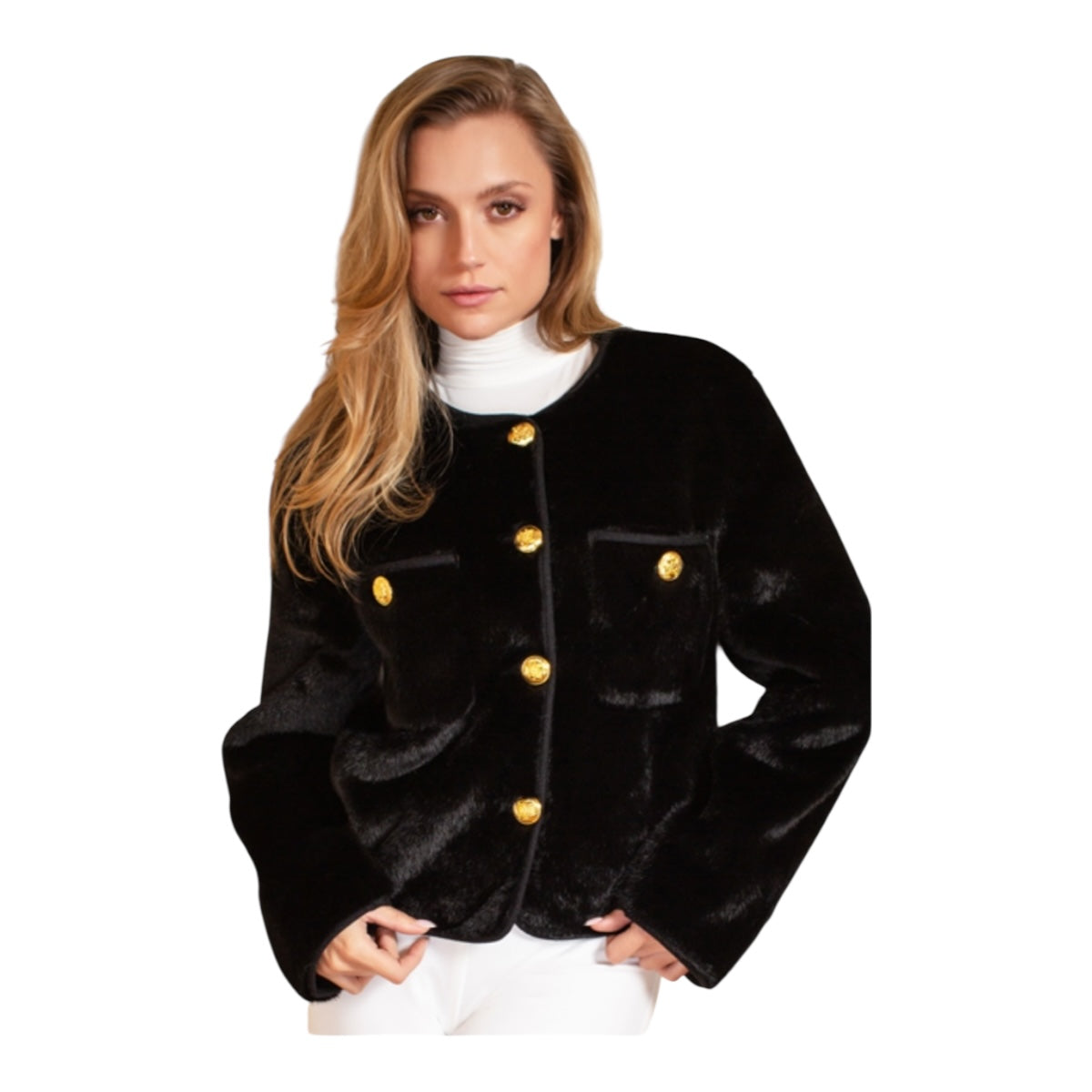 Saco Negro Peluche Botones Dorados Para Dama MUSSI
