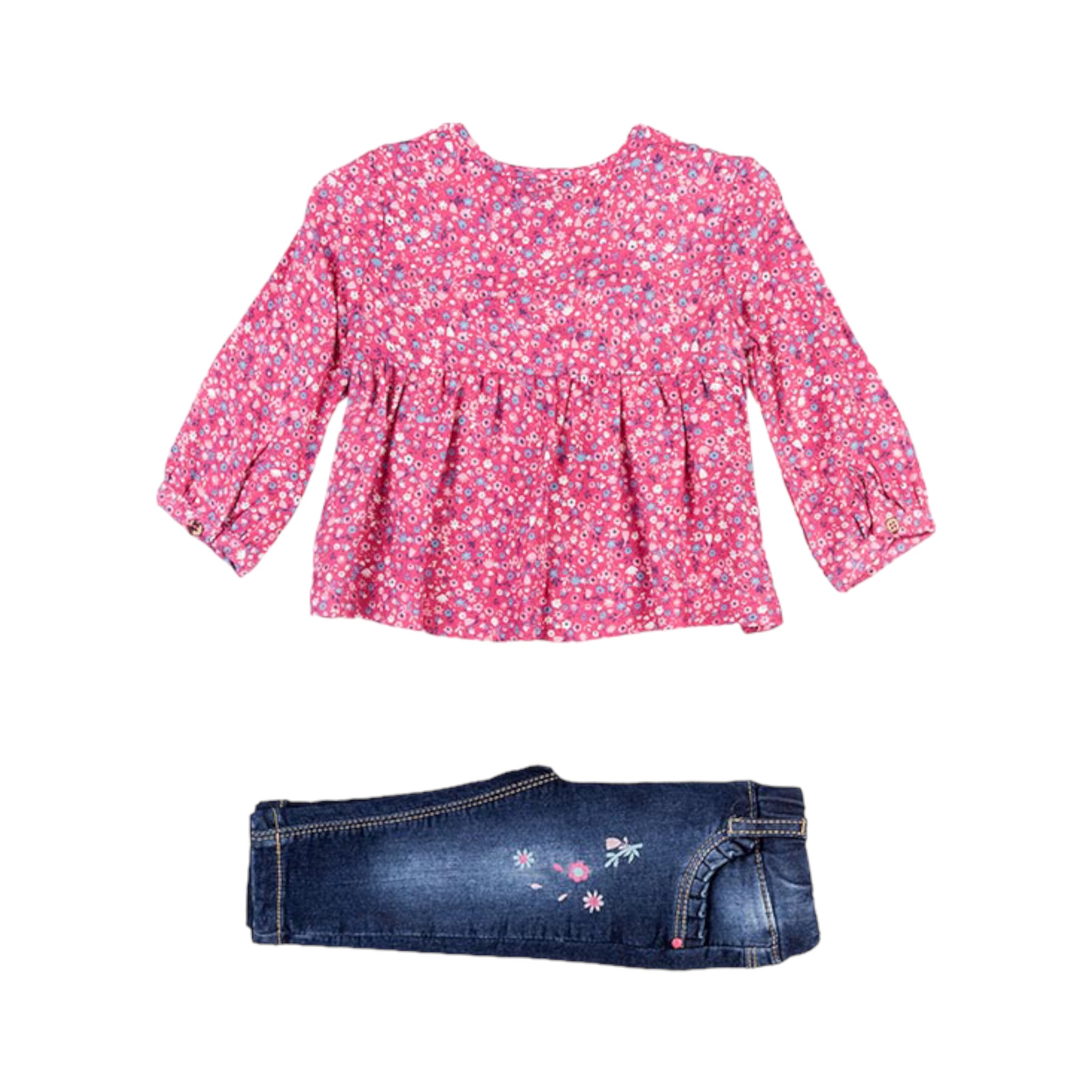 Conjunto de blusa de color rosa con florecitas y jegging bebé niña Losan