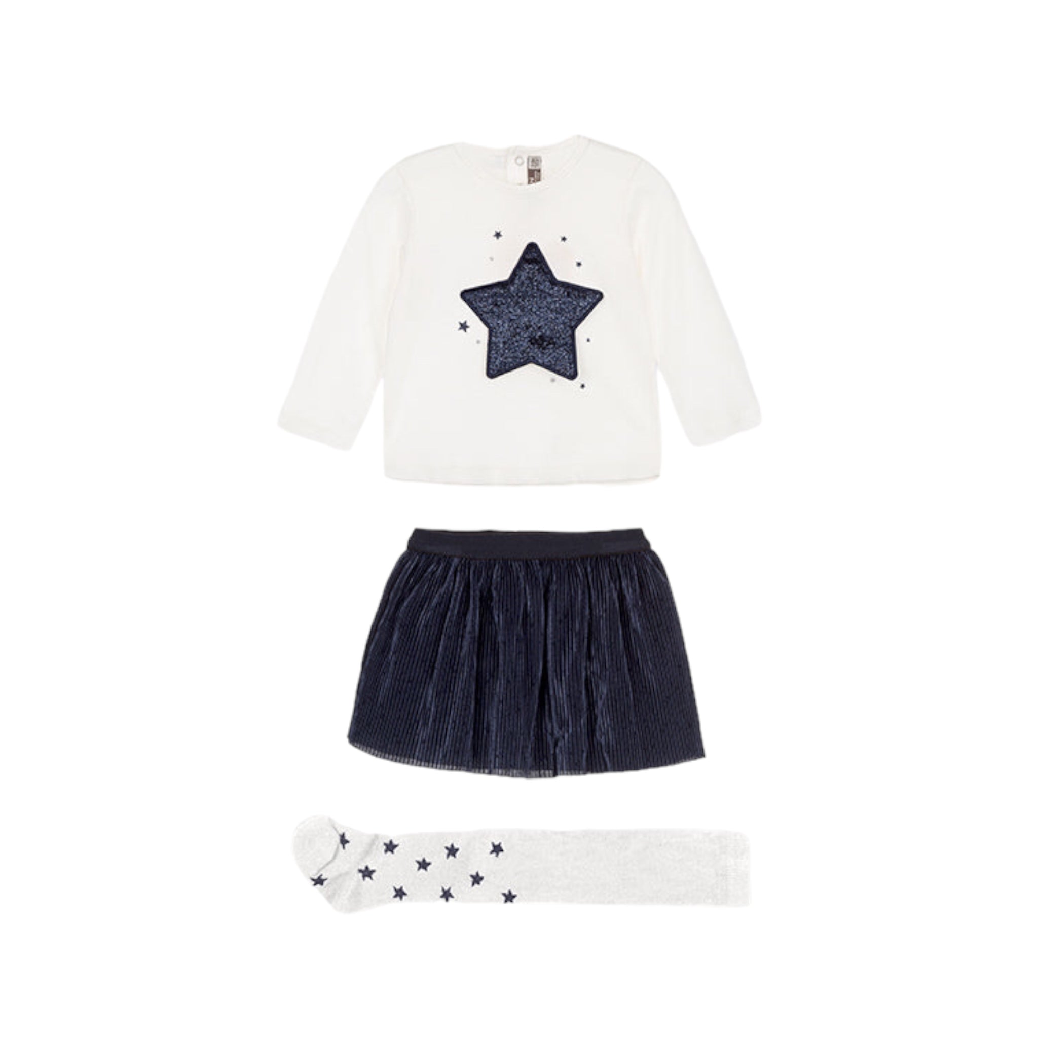 Conjunto 3 piezas de camiseta, falda plisada y leotardo bebé niña Losan