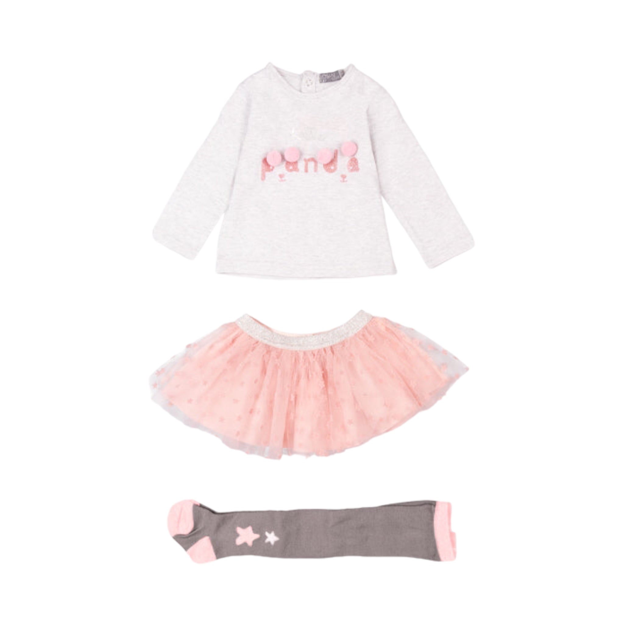 Conjunto 3 piezas de camiseta con pompones, falda y leotardo bebé niña Losan