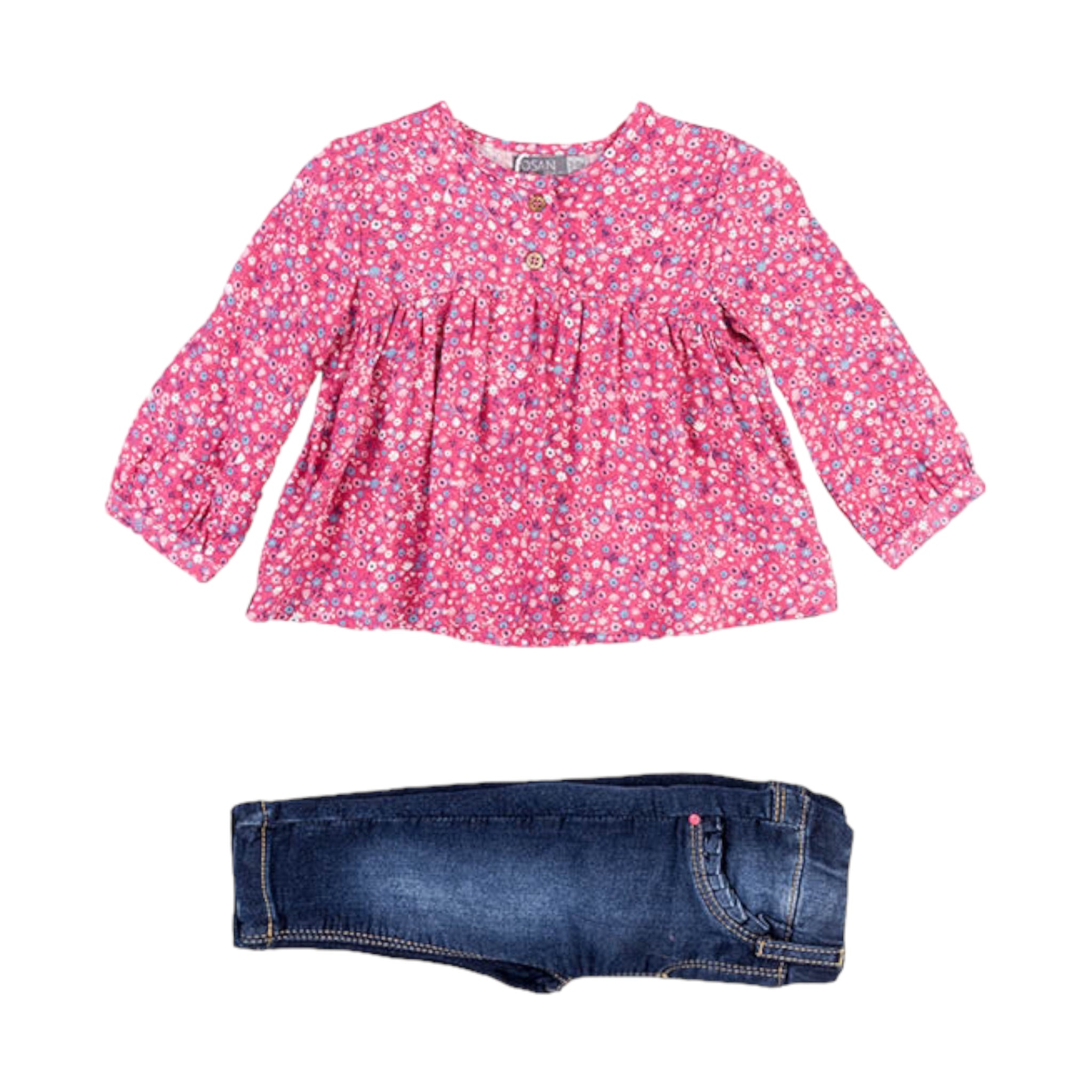 Conjunto de blusa de color rosa con florecitas y jegging bebé niña Losan