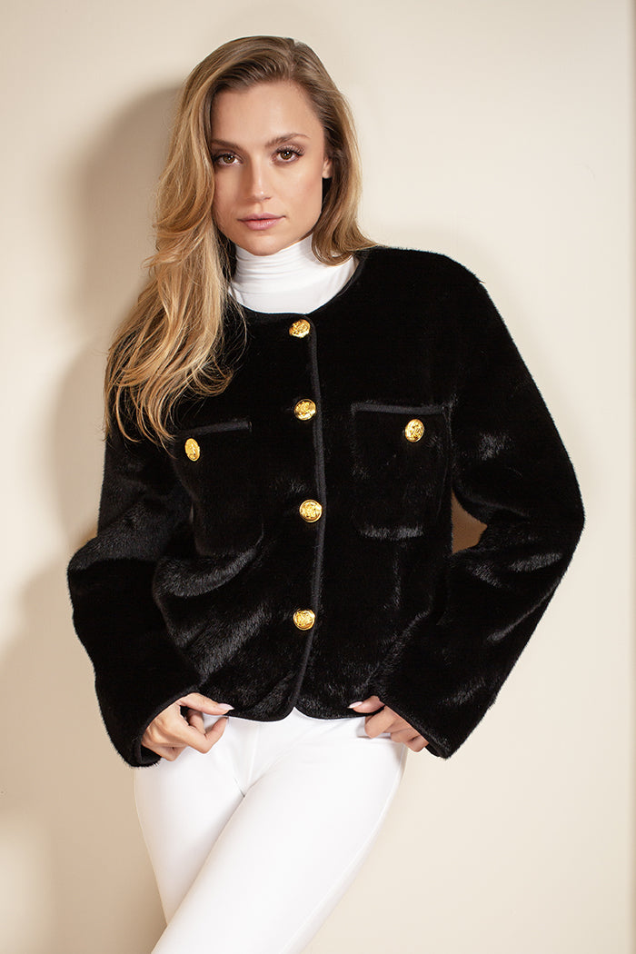 Saco Negro Peluche Botones Dorados Para Dama MUSSI