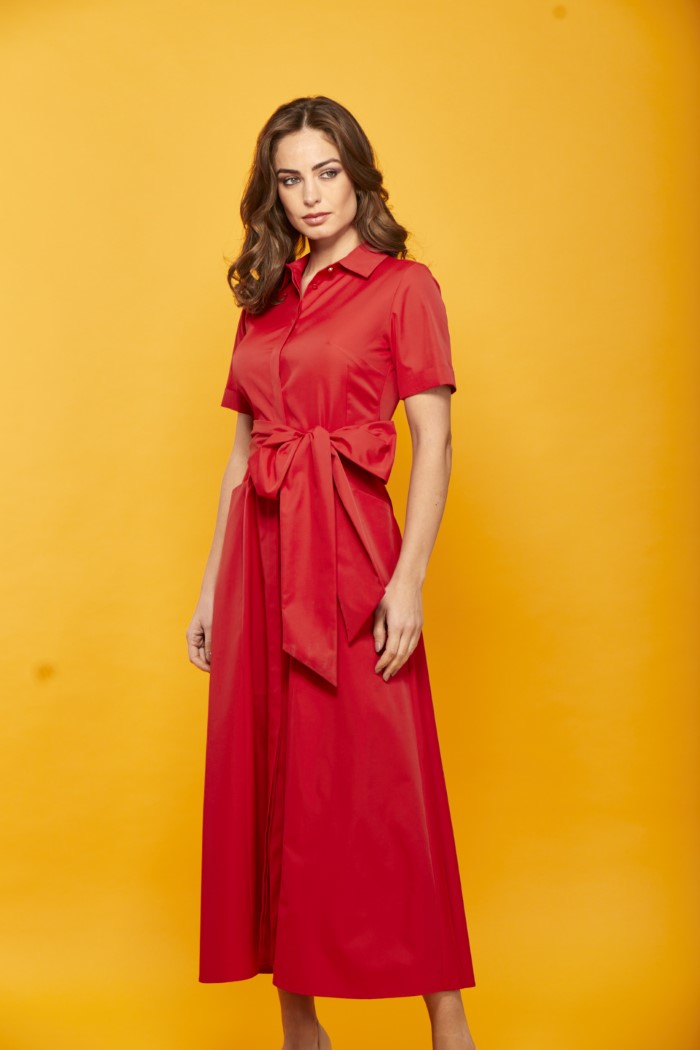 Vestido Largo Color Rojo Con Cinturón