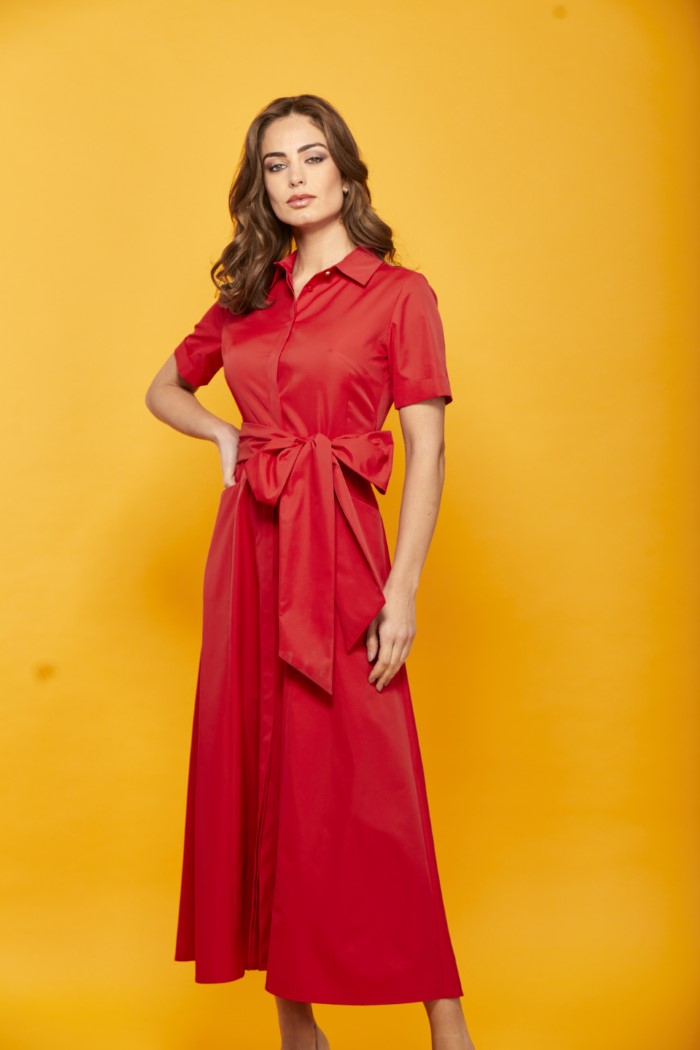Vestido Largo Color Rojo Con Cinturón MUSSI