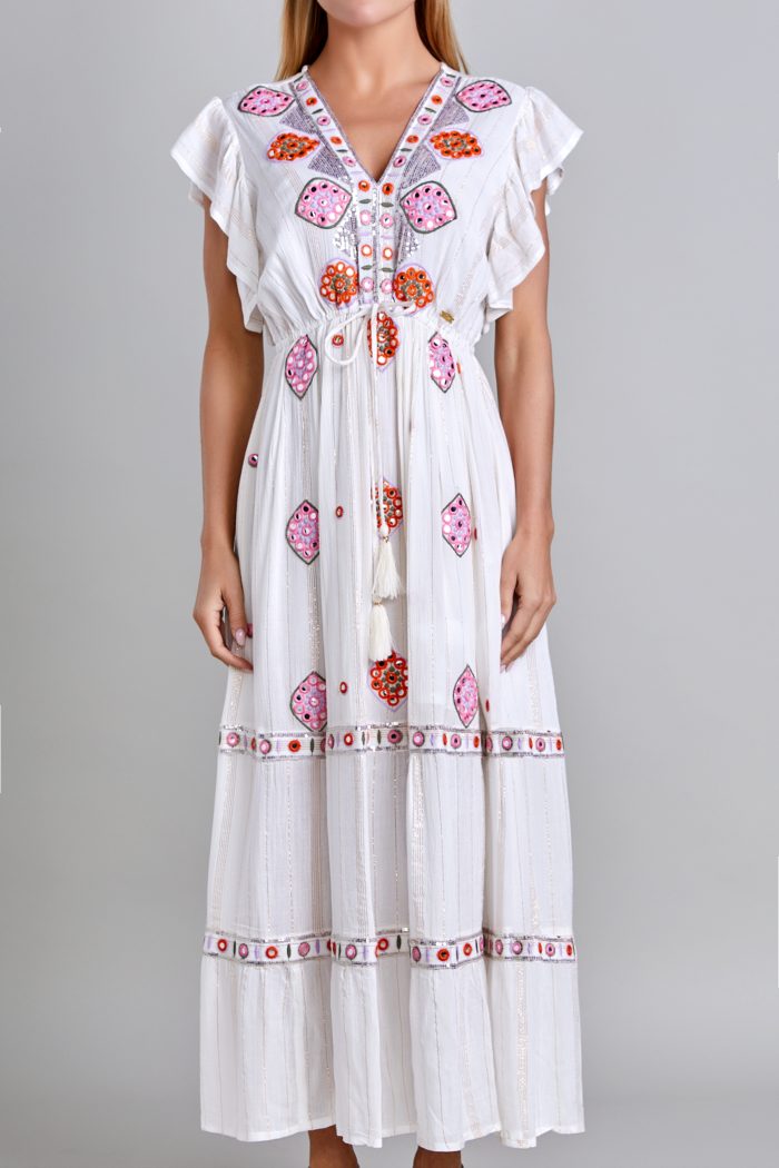 Vestido Manga Corta Con Olan Hueso Mussi