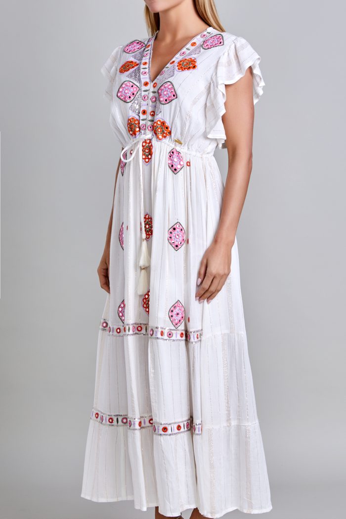 Vestido Manga Corta Con Olan Hueso Mussi
