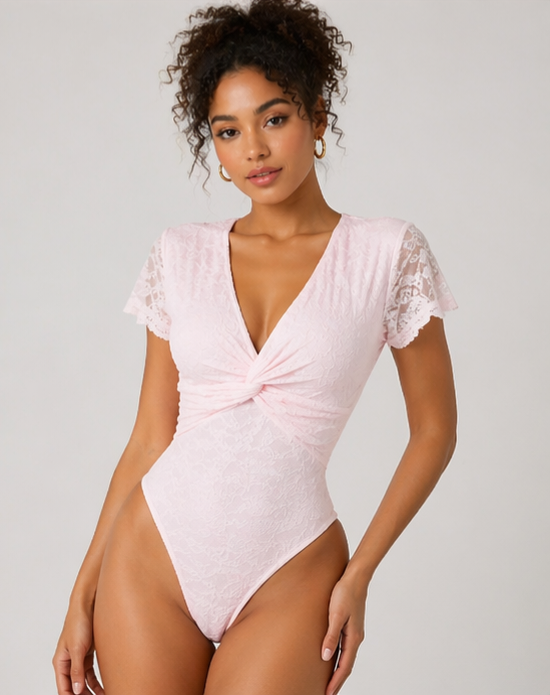 Body de encaje escote V manga corta rosa LC