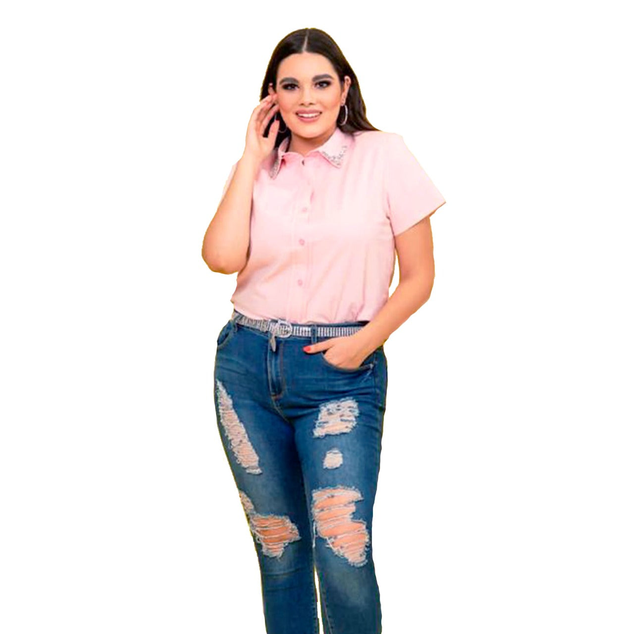 Blusa manga larga con detalle en cuello cristal rosa pastel LC