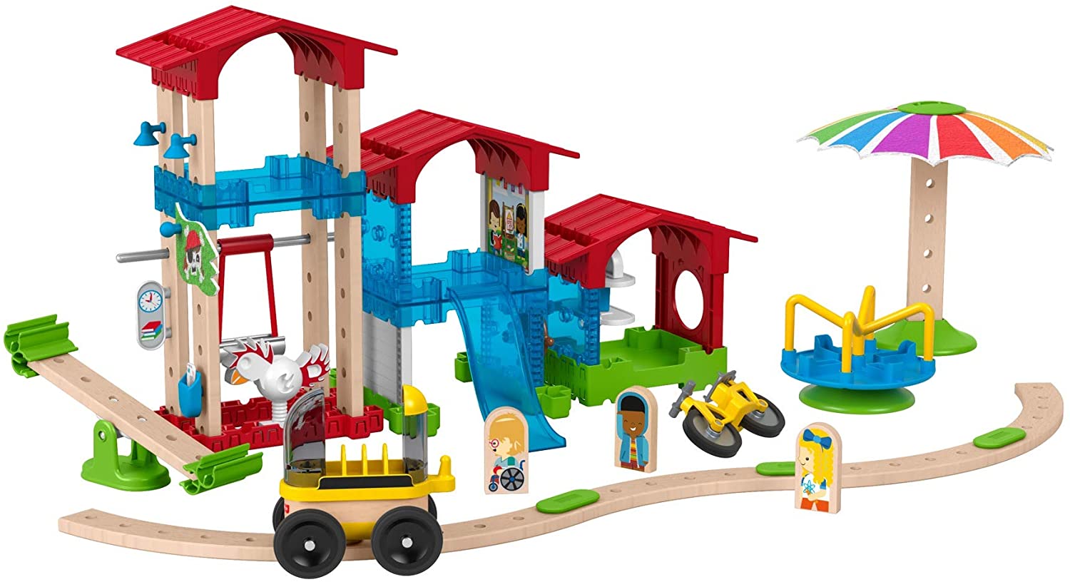 Fisher-Price Wonder Makers Slide & Ride Schoolyard – Juego de construcción y pista de madera para niños de 3 años y más