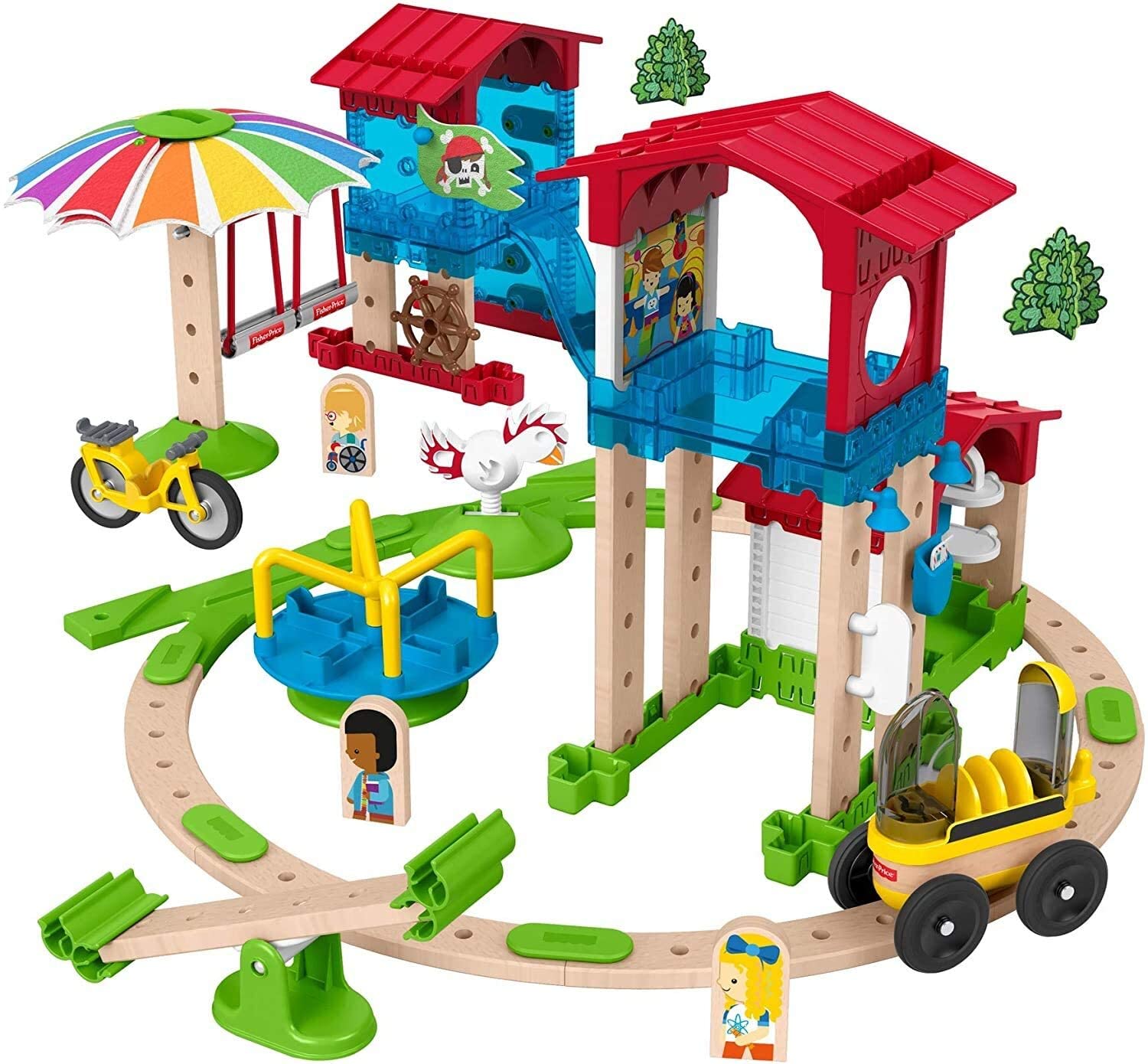 Fisher-Price Wonder Makers Slide & Ride Schoolyard – Juego de construcción y pista de madera para niños de 3 años y más