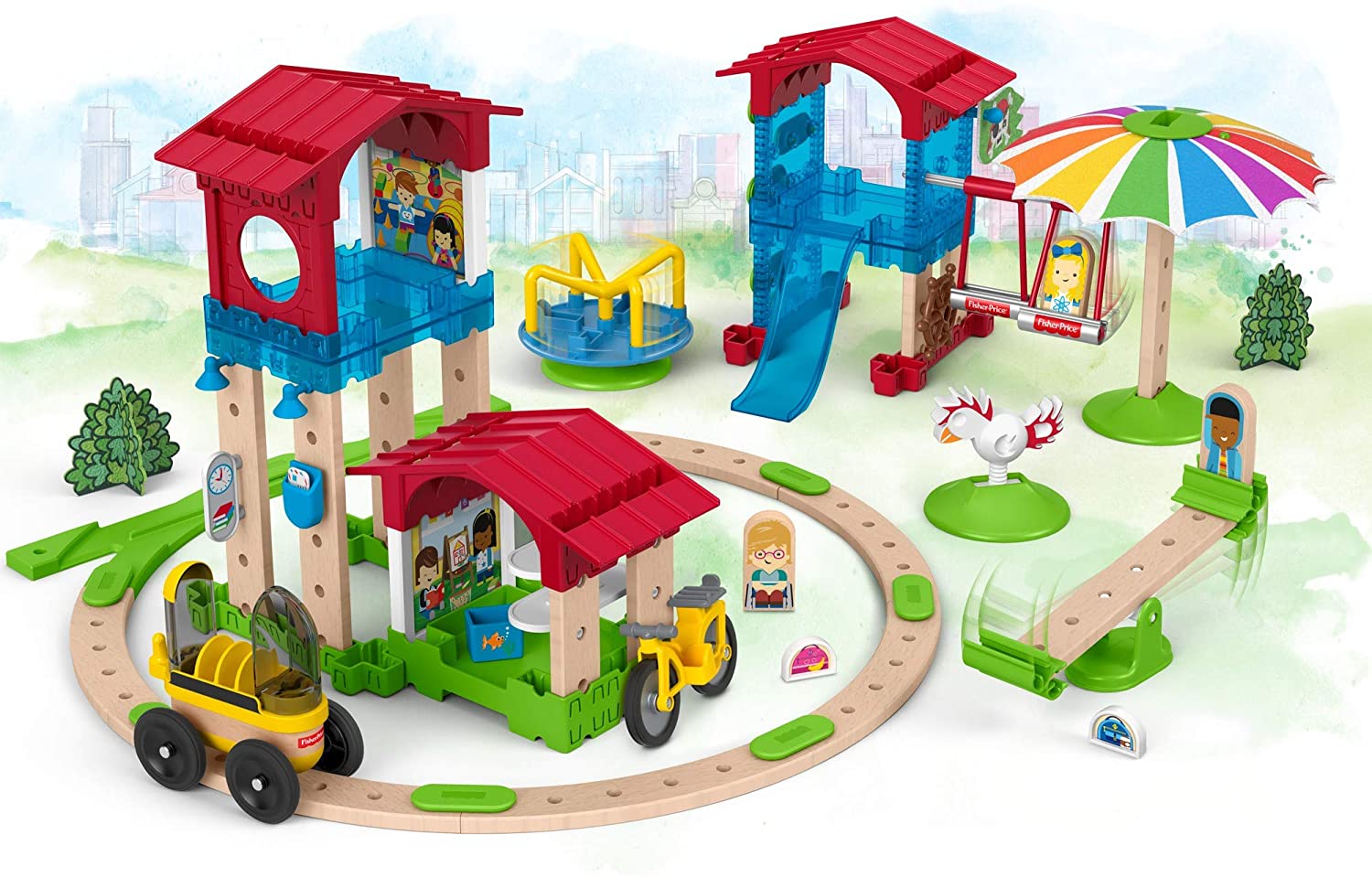 Fisher-Price Wonder Makers Slide & Ride Schoolyard – Juego de construcción y pista de madera para niños de 3 años y más