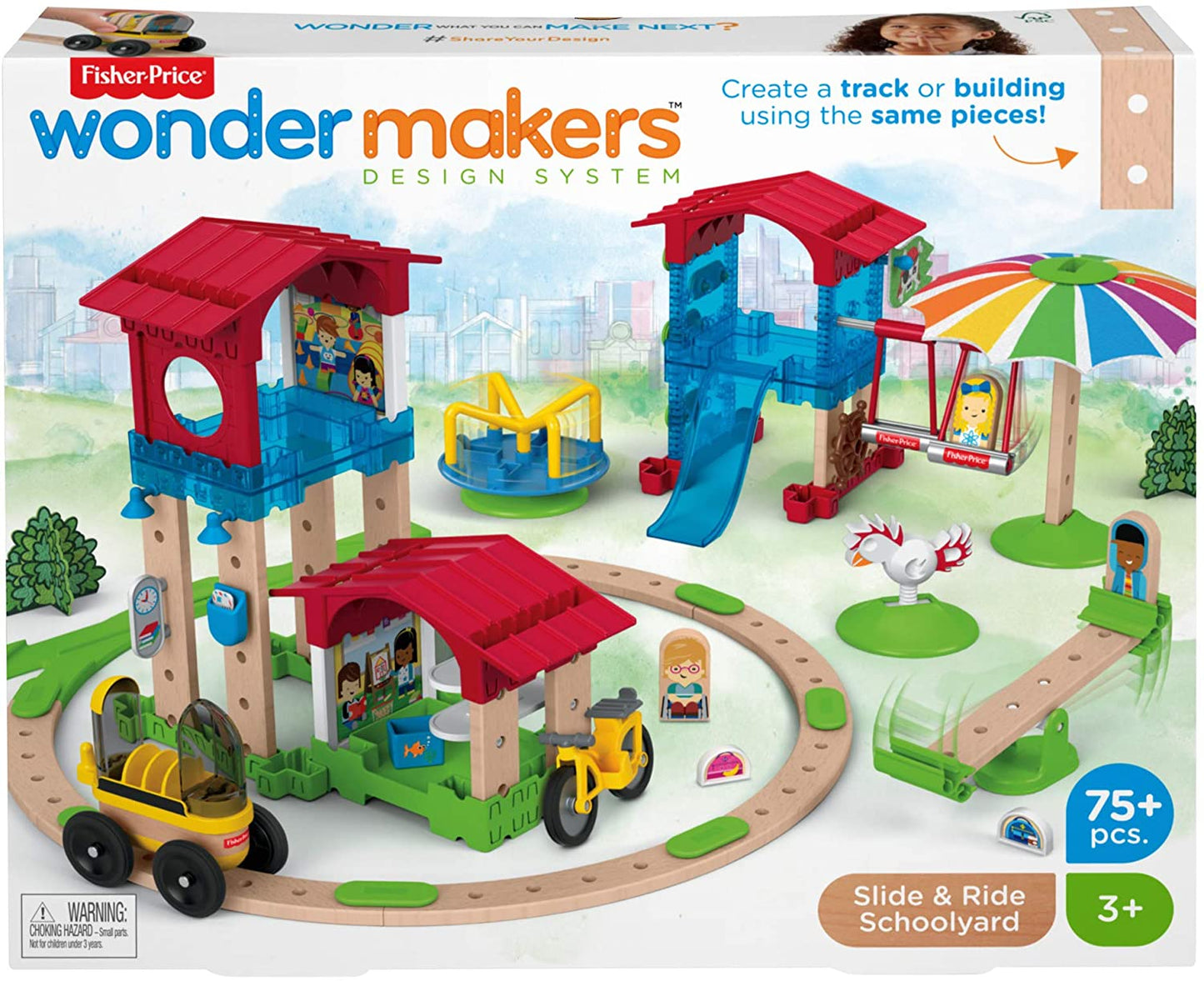 Fisher-Price Wonder Makers Slide & Ride Schoolyard – Juego de construcción y pista de madera para niños de 3 años y más