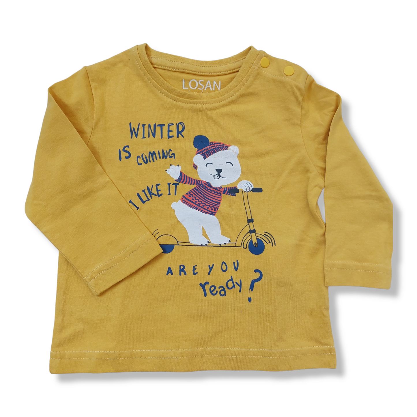Playera amarilla oso  “WINTER IS COMING I LIKE IT ARE YOU READY” bebé niño losan