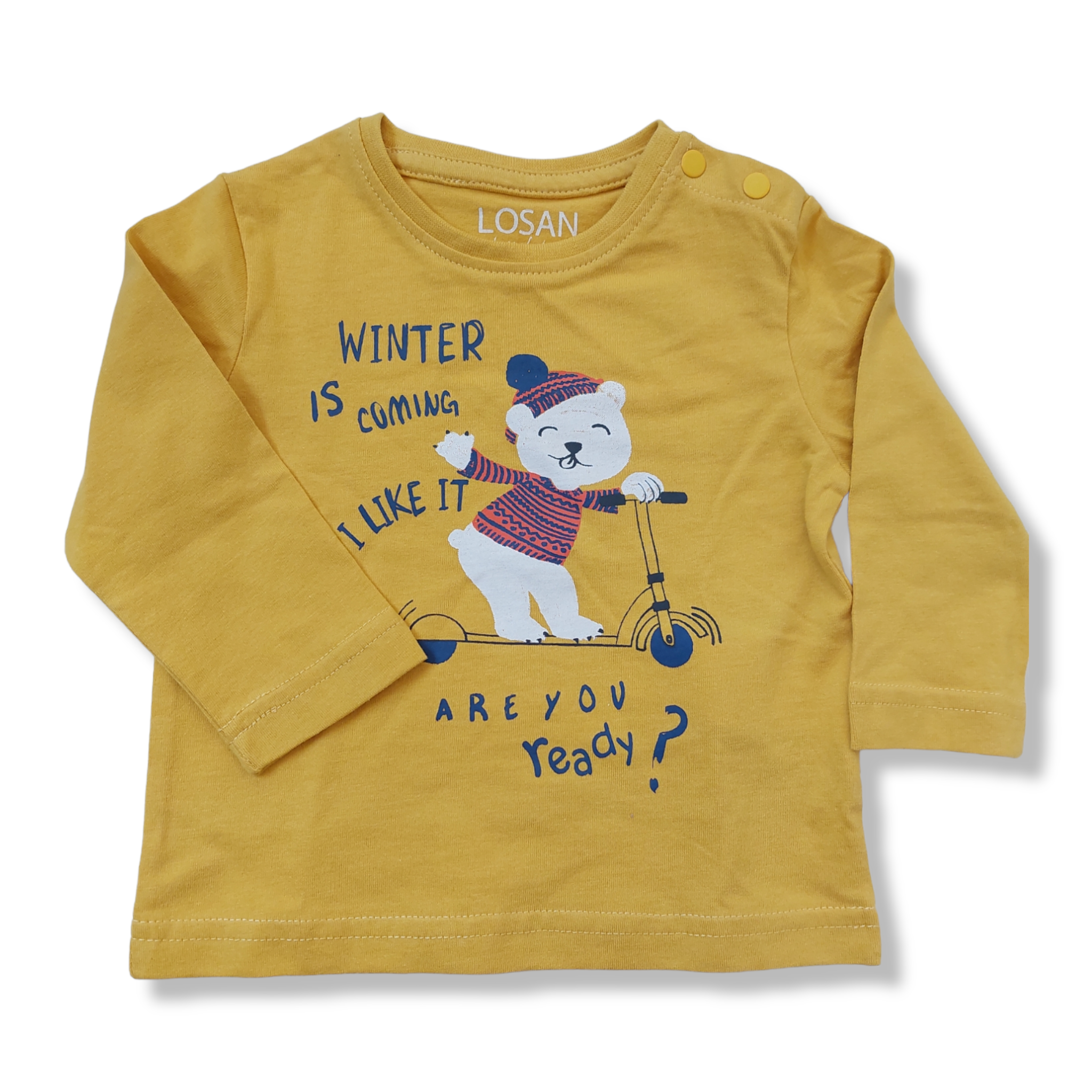 Playera amarilla oso  “WINTER IS COMING I LIKE IT ARE YOU READY” bebé niño losan