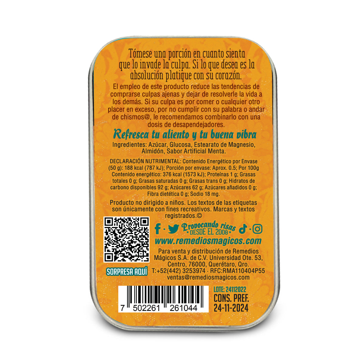 Pastillero de lata con Mentas "QUITA CULPAS" Remedios Mágicos