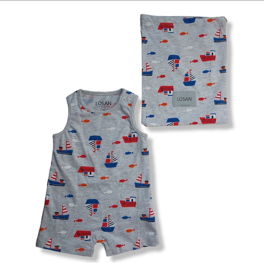Pañalero Gris Estampado Barcos Para Bebé Niño Losan