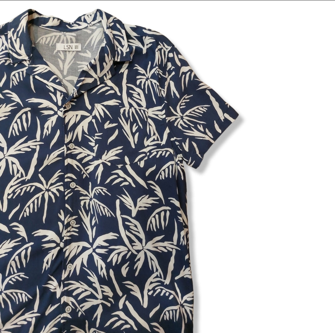 Camisa Azul Estampado Hojas Para Caballero LSN