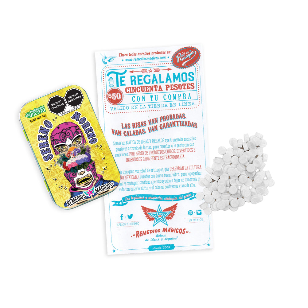 Pastillero de lata con Mentas "SERENO MORENO" Remedios Mágicos